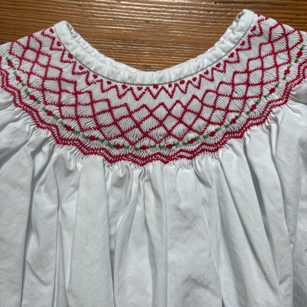 Shrimp & Grits Kids white cotton red smocked long sleeve‎ shirt SIZE 7 - Picture 2 of 6